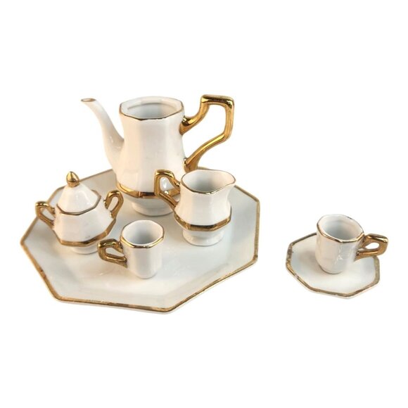 Miniature Formalities Baum Bros Dollhouse Tea Set White & Gold Porcelain Accent - Picture 1 of 12